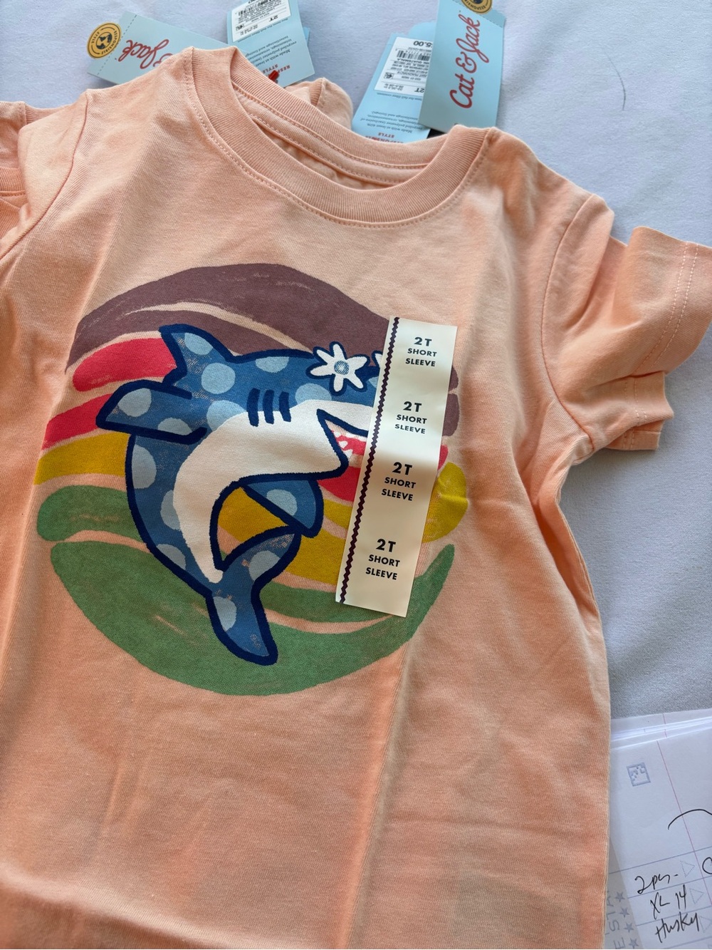 Cat & Jack Peach Short Sleeve Tee with Blue Shark and Rainbow set of 6 pc